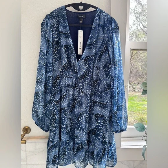 AQUA Blue Multi Print Long Sleeve Tiered Mini Dress Size M NWT - Picture 7 of 8